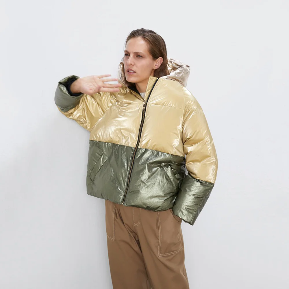 ZA/Новинка зимы толстая куртка пуховик с капюшоном блестящий металлический цвет