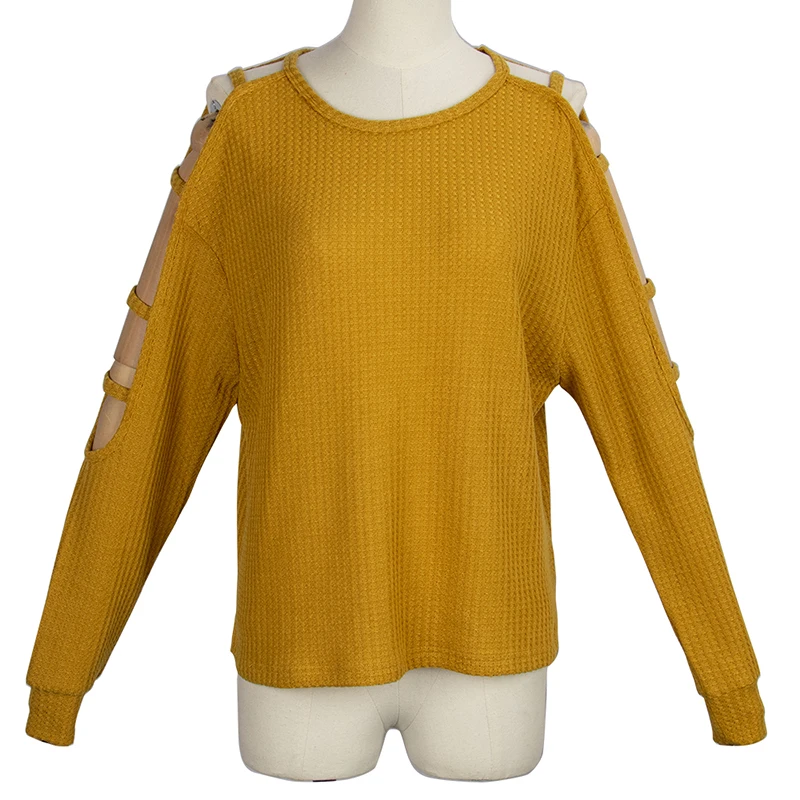 

Loose Solid Tees Women 2021 Autumn Winter knitted Streetwear Casual Long Sleeve Pullovers Hollow Out T-Shirts Sexy Yellow Tops