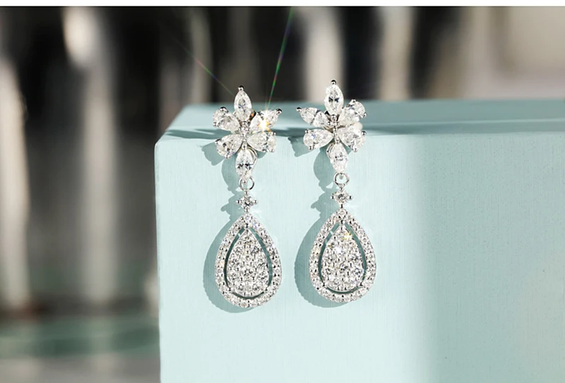AULEEZE Роскошные 14 К белого золота Груша Cut DF цвет Moissanite цветок Форма висячие серьги с акцентами для женщин юбилейные подарки