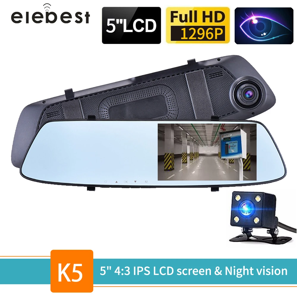 Elebest 5 дюймов FHD 1290P ips экран Dash cam двойная запись зеркало заднего вида