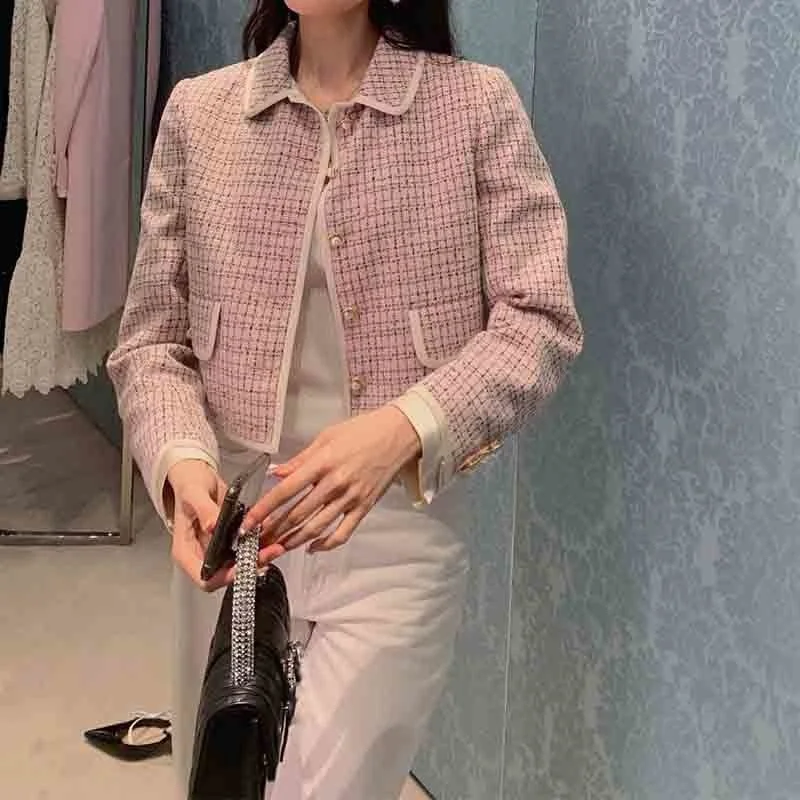 

2021 Autumn Tweed Jacket Women Turndown Collar Single Breasted Pearl Button Pink Plaid Elegant Sweet Short Coat