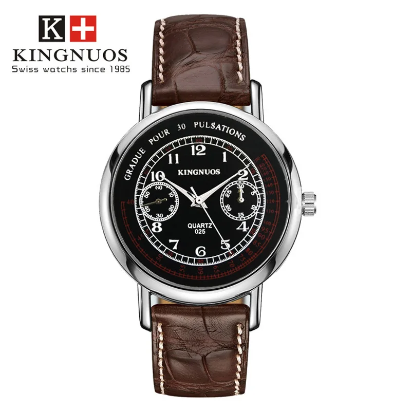 Brown-Silver-Black Kingnuos модные повседневные брендовые Роскошные Кварцевые часы кожаные деловые Reloj водонепроницаемые мужские наручные часы юбилейные подарки для мужчин - Цвет: Brown-Silver-Black