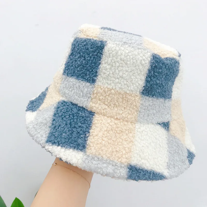 

Winter Plaid Bucket Hat Women Faux Fur Bob Chapeau Fishing Hat Warm Soft Lambs Outdoor Fisherman Hat Lady Panama Gorras Hat