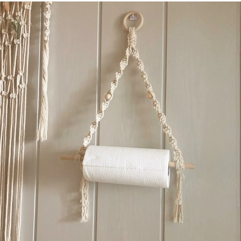 

Nordic Ins Cotton Rope Wooden Beads Handmade Tapestry Wall Hanging Wooden Stick Rack Bathroom Towel Tissue Storage Rack