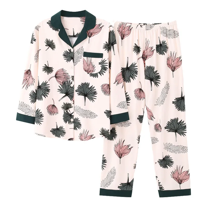 

New Spring Sleepwear Long-Sleeved Cardigan 2 Piece Sets For Women's Cotton Pajamas Printing Sweet Homewear Large Size Pyjamas
