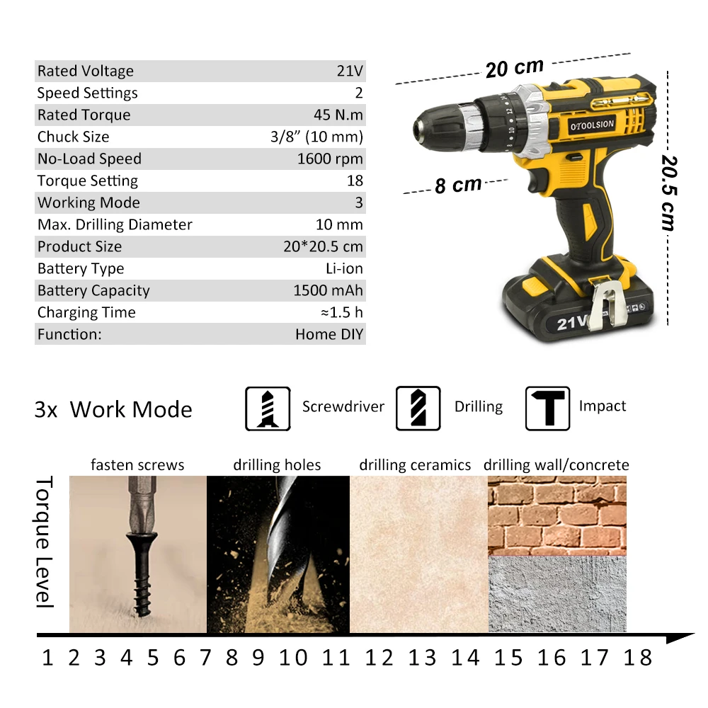 Аккумуляторная дрель 18 + 3 крутящих момента 21 в электрическая ударная отвертка