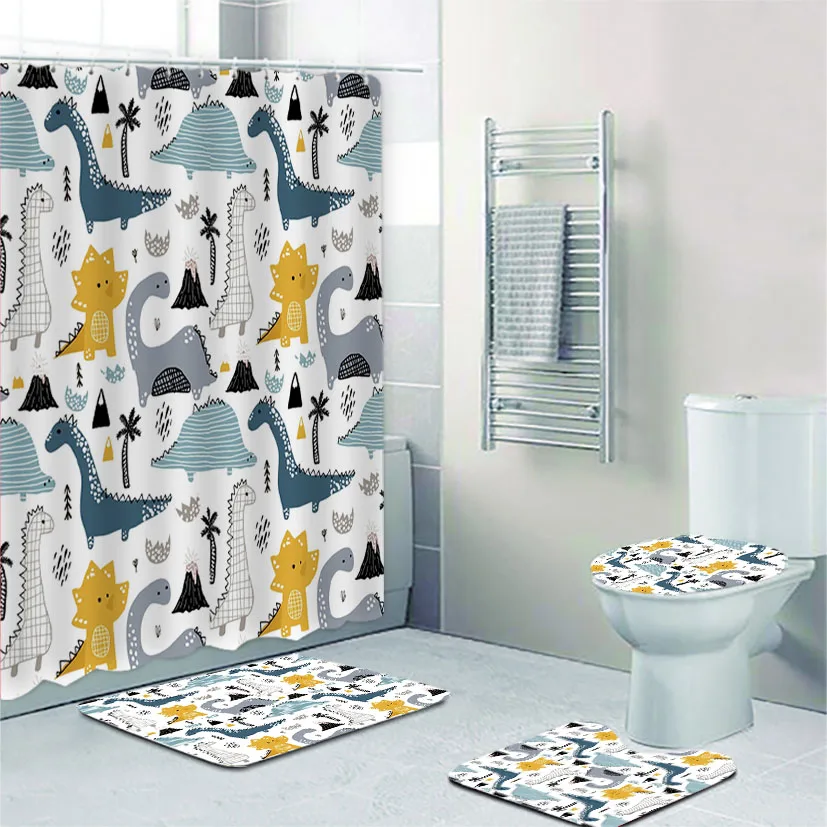 

Скандинавский мультяшный динозавр, занавеска для душа и коврик для ванной комнаты, милые детские коврики для ванной комнаты с животными, ук...