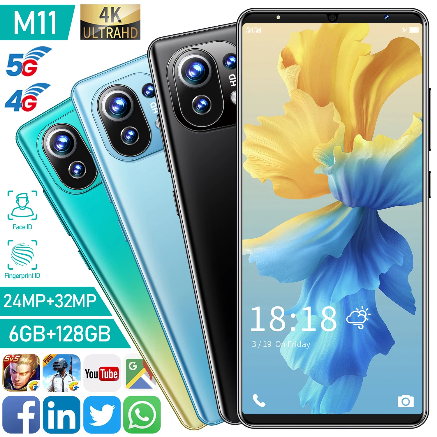 

Global Version M11 6.1 Inch Full Screen 8+128G 24+32MP Smartphone 5G 1440*3200 MT6889 5200 MAH Face Fingerprint ID Android 10