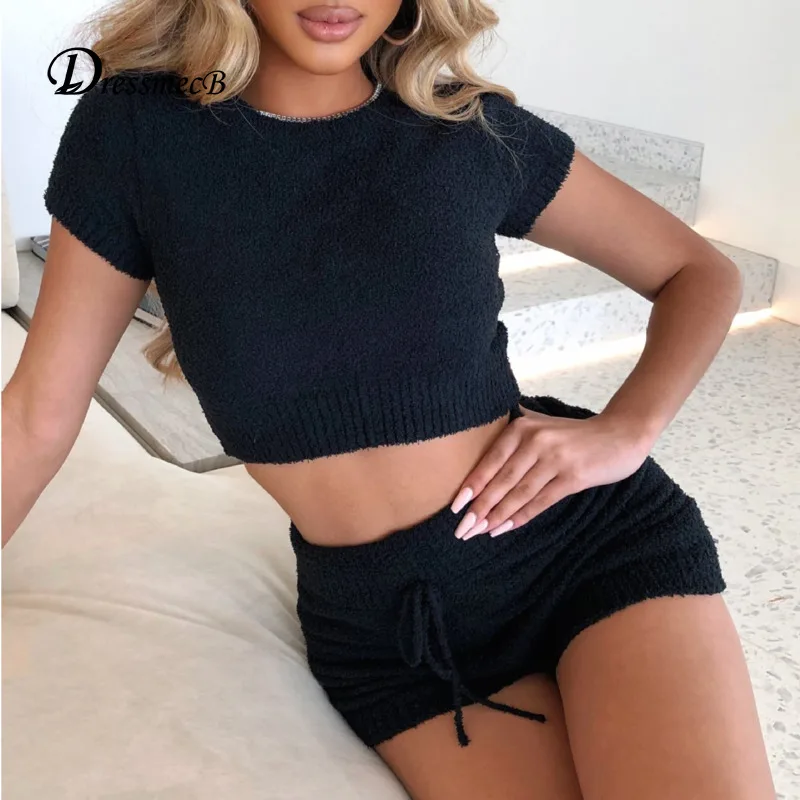 

Dressmecb Solid Knitted Tracksuit Sets Women Sweaters O Neck Tie Crop Tops And Shorts Sets Sheath Winter Two Pieces Outfits 2021