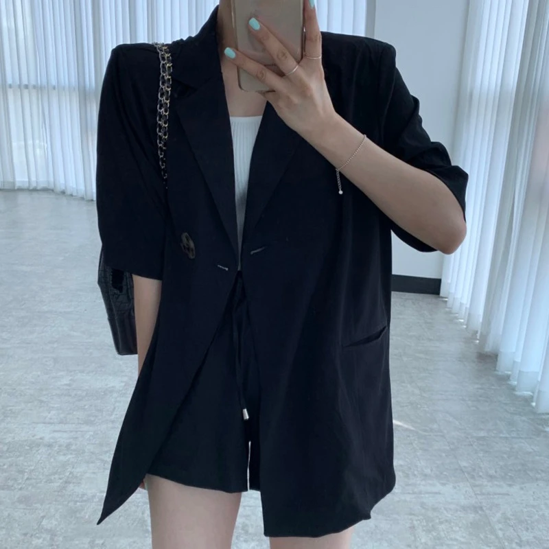 

Korean Vintage Elegant Casual Women Blazers Streetwear New Arrival Short Sleeve Solid Blazer Streetwear Summer Women Outwear