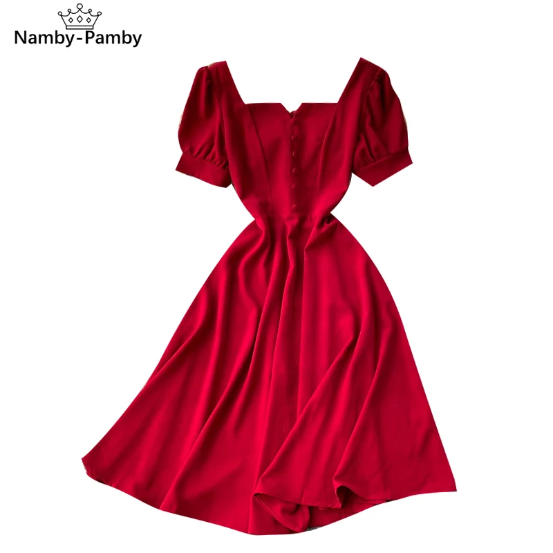 

2021 Summer New Solid Color Vestidos Feminine Temperament Square Neck Puff Sleeve Waist Slimming Midi Dress C457