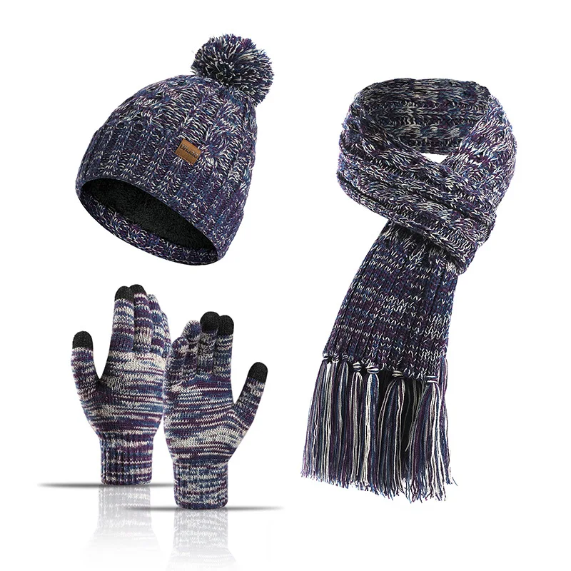 

Autumn and winter new simple fashion trendy women's knitted wool color hat thickened scarf three-piece touch screen gloves
