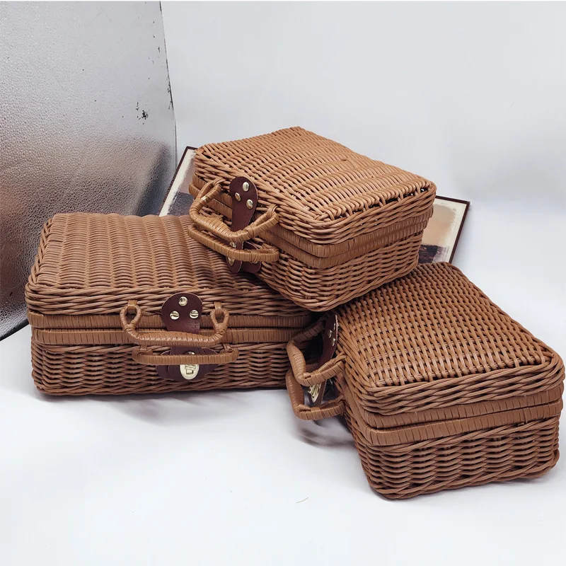 

Handmade Artificial Rattan Storage Box Shooting Props Picnic Basket Retro Woven Suitcase Food Carrying Case Home Decoration