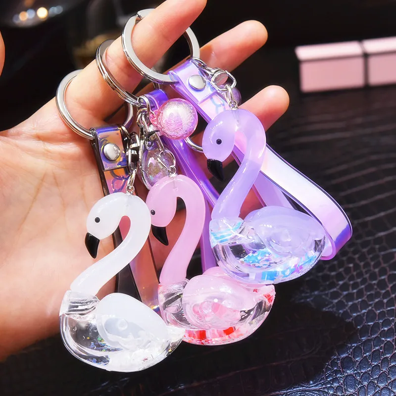 

Korean Creative Quicksand Sequined Acrylic Cartoon Keychain Swan Symphony Laser Leather Cord Pendant Gift Package