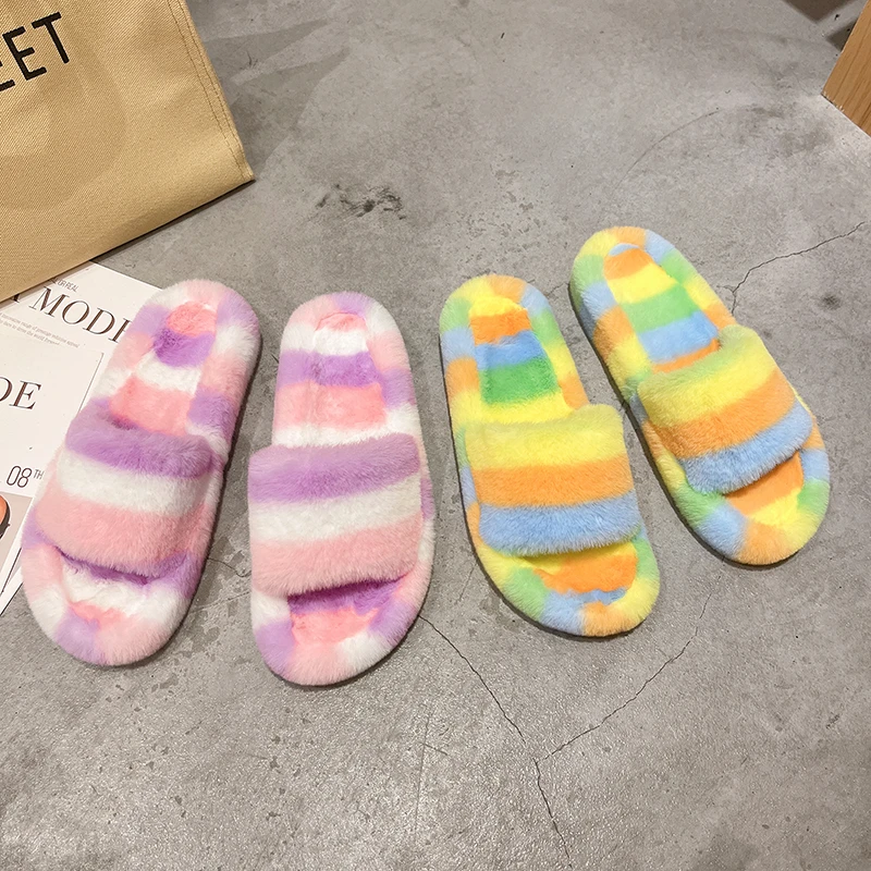 Autumn and Winter Women's Cotton Slippers Indoor Cute Furry House Flat Rainbow Color Plus Size Home Sandals | Обувь
