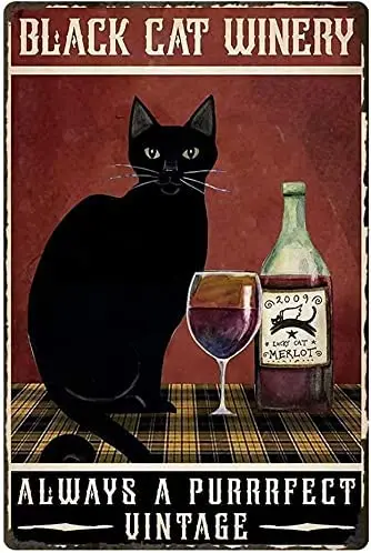 

Cat Metal Tin SignBlack Cat Winery Always A Purrrfect UintageFace Poster Home Bathroom Toilet Living Room Art Wall Decoration