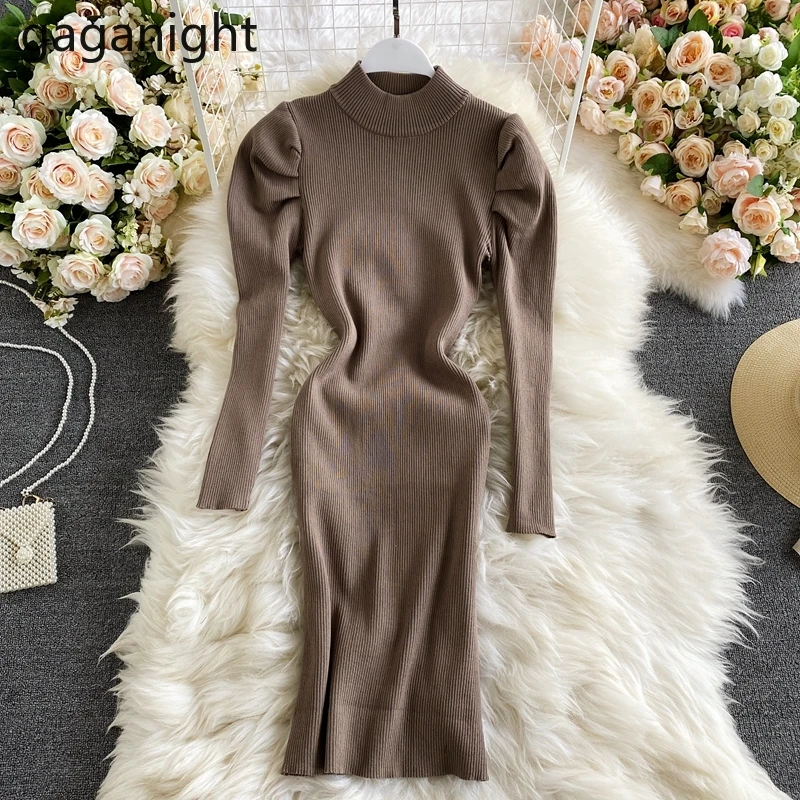 

Gaganight Women Knitted Dress 2021 Autumn Winter New Puff Sleeve High Neck Pullover Slimming Tight-fitting Temperament Dresses