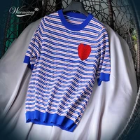 luxury designer brand knitted top for women o neck hot drilling red love striped knitted t shirts black blue summer b 090