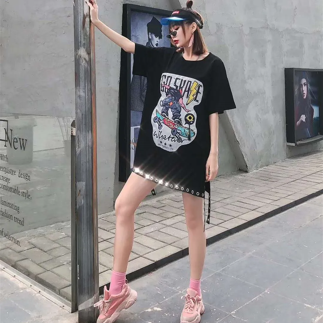 

Street trendy Hong Kong style top 2020 summer new cartoon patch webbing beaded mid-length short-sleeved t-shirt women
