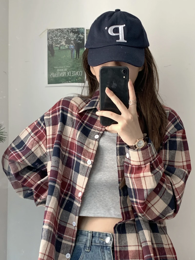 

Kpop Ins Women Oversized Retro Plaid Shirt Jackets Vintage Tide Lapel Single-Breasted Casual All-Match Female Loose Chic Blouser