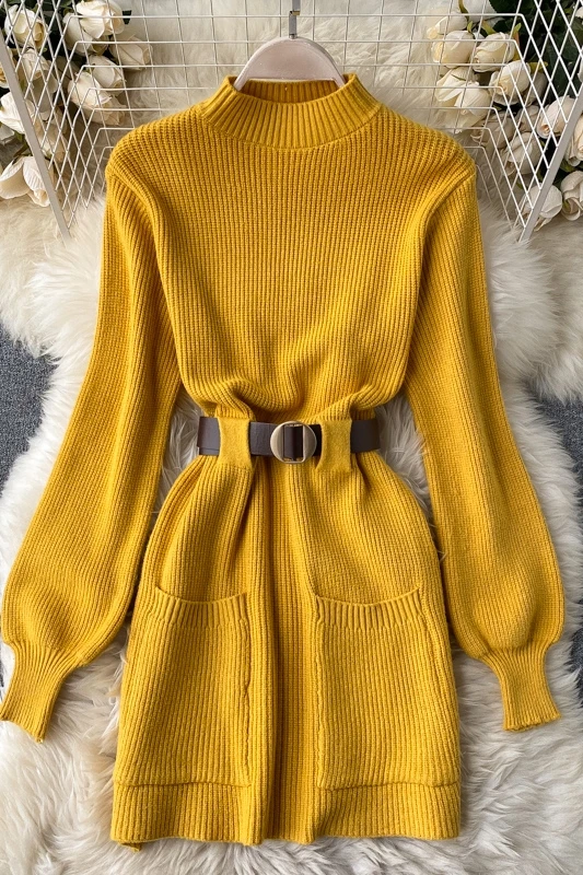 

Woman Dress 2020 Autumn Winter Korean Clothes Fashion Straight Long Sleeve Solid Knitted Lace Up Loose Turtleneck Sweater Dress