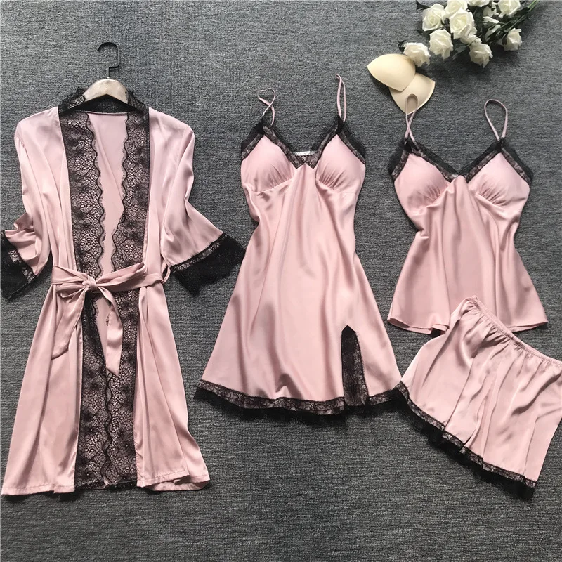 

4 Pieces 2021 Women Pajamas Sets Satin Sleepwear Silk Nightwear Pyjama Cardigan Soild Strap Lace Sleep Lounge Pijama Chest Pads