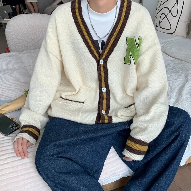 Winter Trend All-match Harajuku Cardigan Sweaters Korean Clothes Knitted Cardigan Coat Men High Street Loose Letter Embroidery
