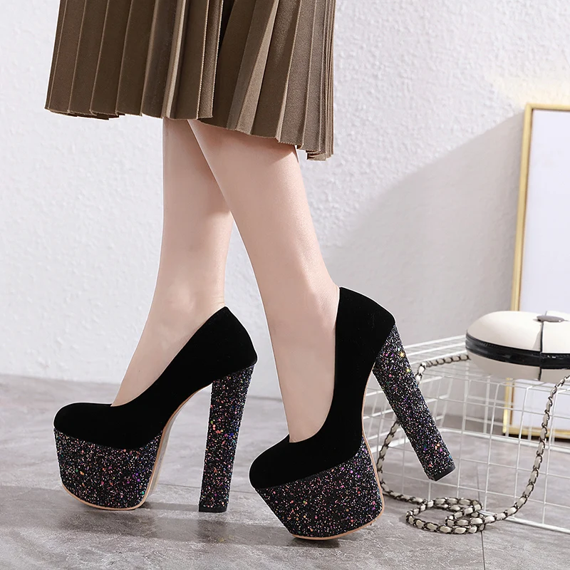 

Spring shallow single-shoe sequin crystal ultra-high heels thick waterproof table round-headed nightclub sexy women's shoes 16CM