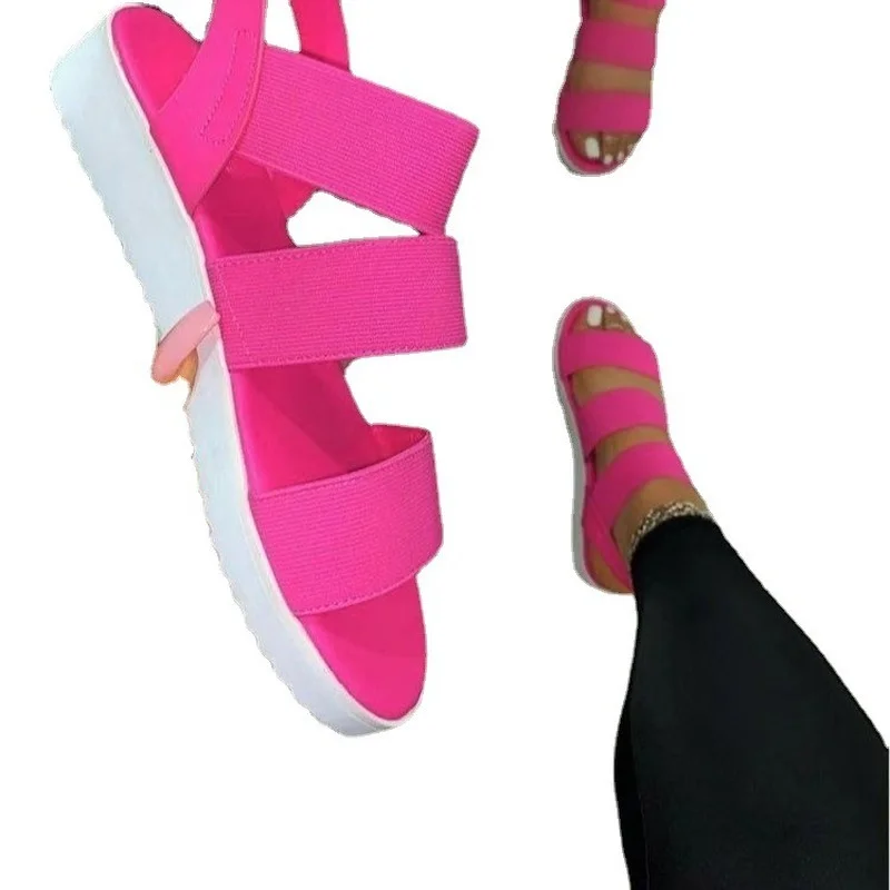 

2021 новый сезон весна-лето Юго-Восточной Азии, Розовый Модные эластичная лента на танкетке размера плюс, женские сандалии