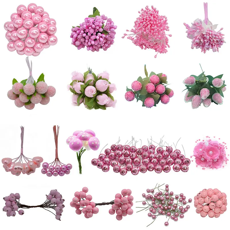 

Pink Fake Flower Cherry Stamen Berries Artificial Flower Handmade Wreath For Cake Decoration Nylon Flower DIY Crafts Wed Gift