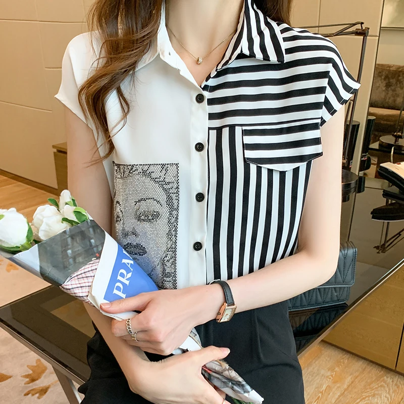 

Pop Vogue iron diamonds ladies shirts women's blouses New summer patchwork striped shirts blouse sleeveless Blusas Mujer