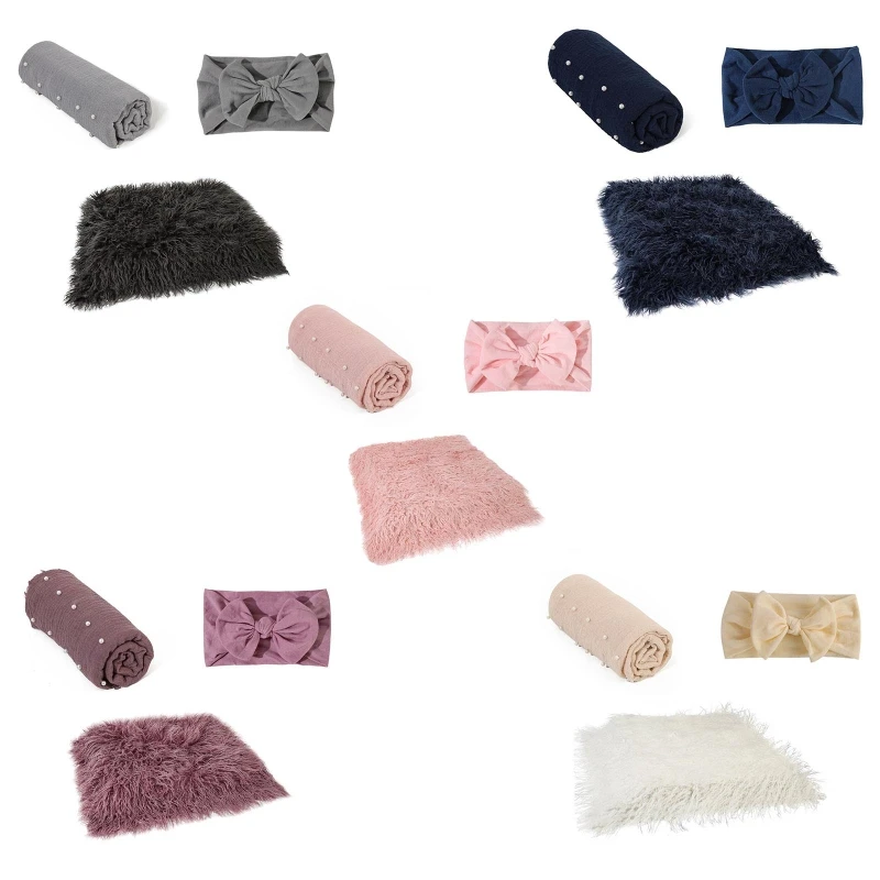 

3 Pcs Newborn Photography Props Fur Blanket Headband Swaddle Wrap Set Headwrap Turban for Infants Photo Shooting