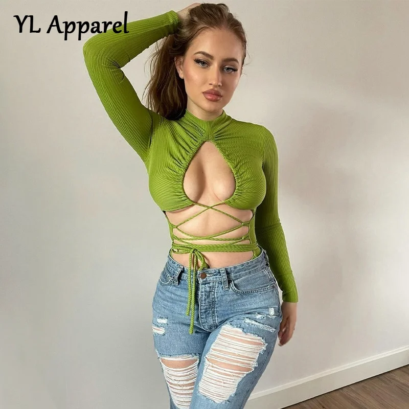 

Women's Sexy Bodysuit Solid Green Hollow Out Backless Long Sleeve Knitted Lace Up Jumpsuit Night Clubwear Bandage Bodysuits