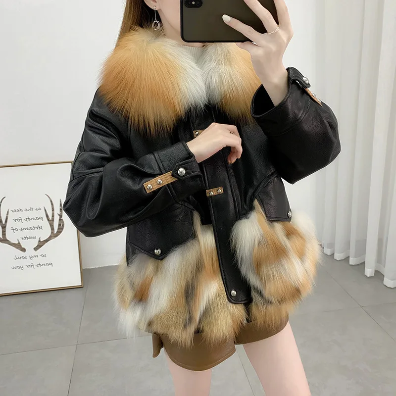 2021 New Black Fur Coat Women Winter Warm Fox Fur Collar Female Natural Sheep Fur Jacket Lady Patchwork Overcoats Luxury Clothes enlarge