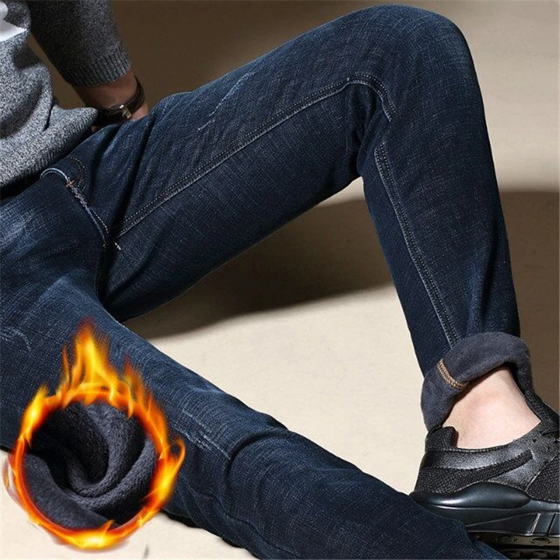 DIMI Classic Casual Denim Fleece Trousers Male Blue Winter Jeans Mens Slim Fit Thick Velvet Pants Warm Men Skinny Cowboy