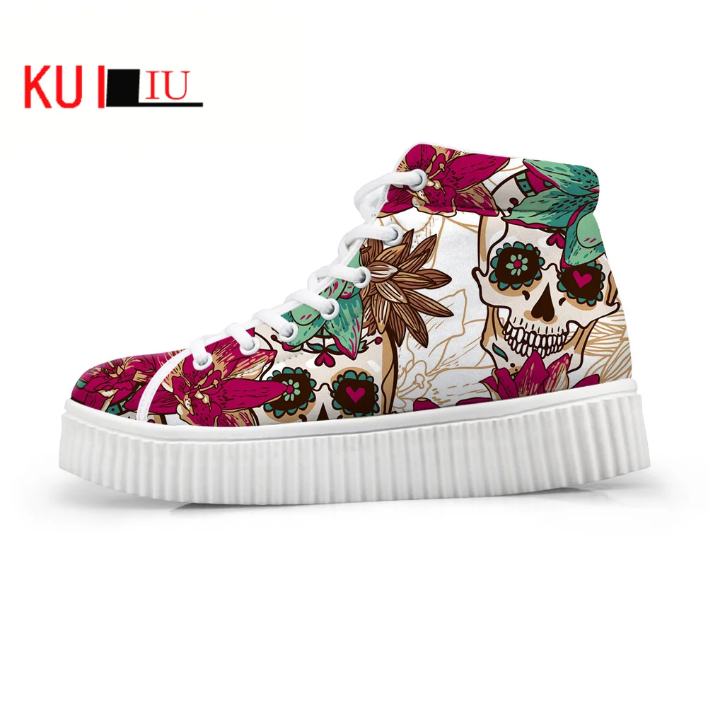 

KUILIU 2021 Women Loafers Floral Skull Graffiti Print Flat on Platform Shoes Thick Sole Slip on Shoes Ladies Casual Shoes