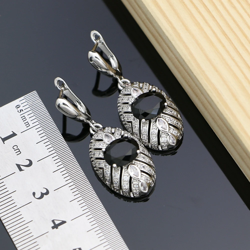 Серебряные ювелирные изделия для невесты набор украшений с черным кристаллом