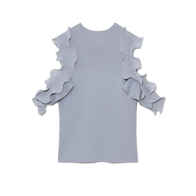 

2021 Summer Pleated Ruffles Off-shoulder Sweaters Japan Style Elegant Temperament O Neck Women Pullovers Knitted Slim Fit Tops