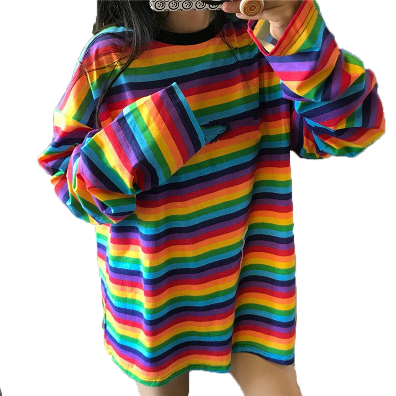 2019 весна осень большие женские футболки Длинные конфеты Уличная Повседневная