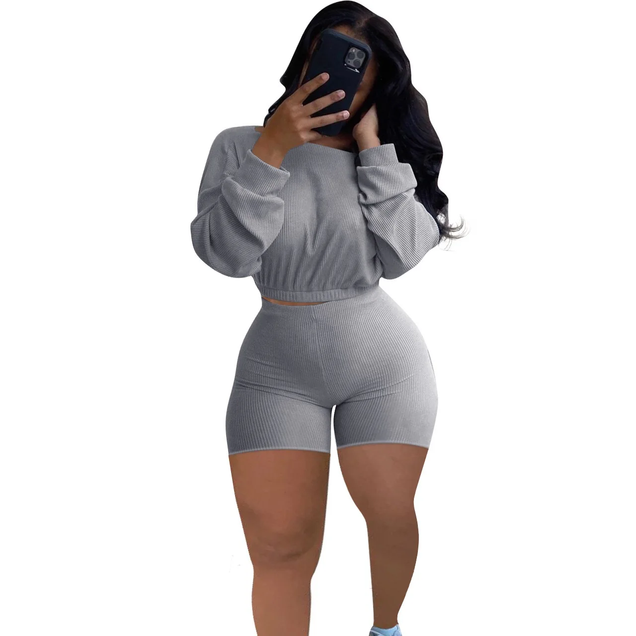 

Women Plus Size Shorts Set Summer Solid Color Long Sleeve Top And Short Pants Casual Outfits Fashion Two Piece Tracksuit Female