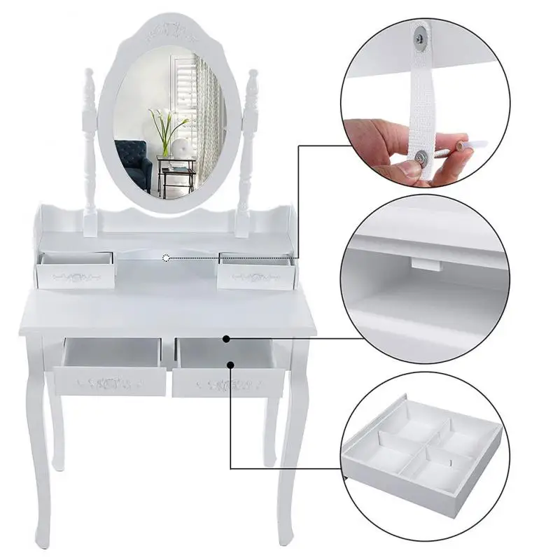 Женский туалетный столик с табуретом 4 ящика для спальни макияжа овальное
