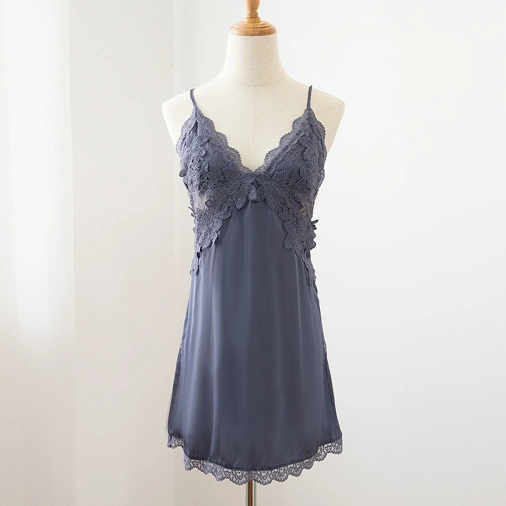 

Black Satin Lace Women Nightgown Casual Short Sleepwear Intimate Lingerie Sexy Patchwork Nightdress Short Nightwear Homewear