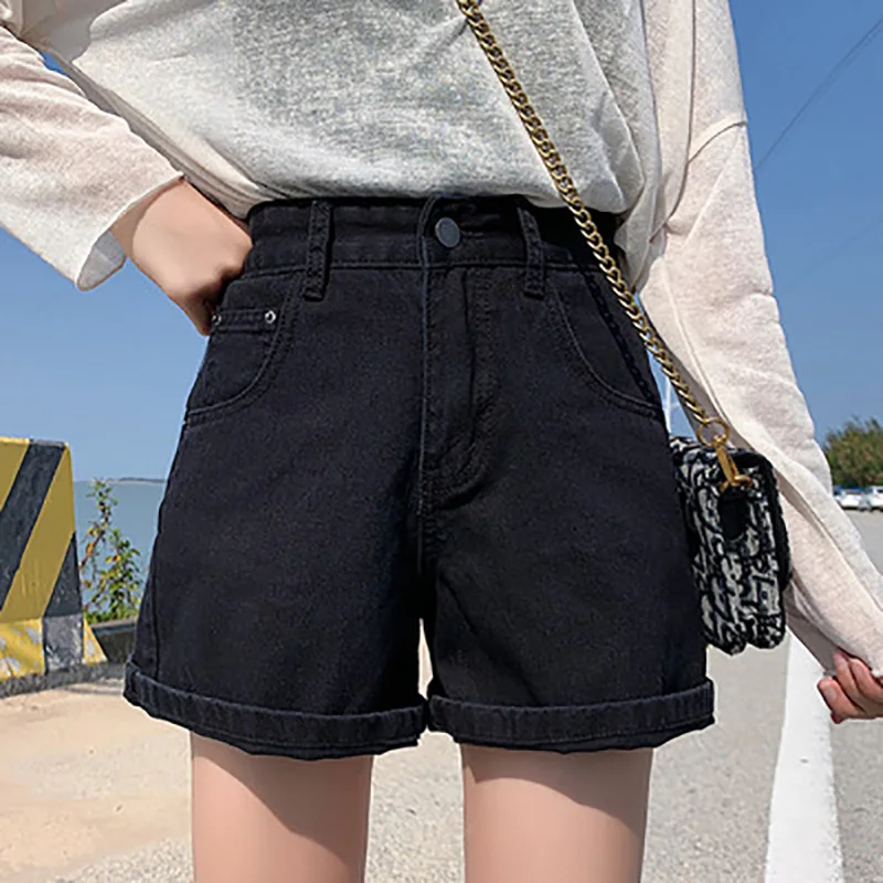 

New 2021 Summer High Waist Denim Shorts Women Casual Loose Ladies Fashion Plus Size Elastic Waist Wide Leg Short Jeans Pockets