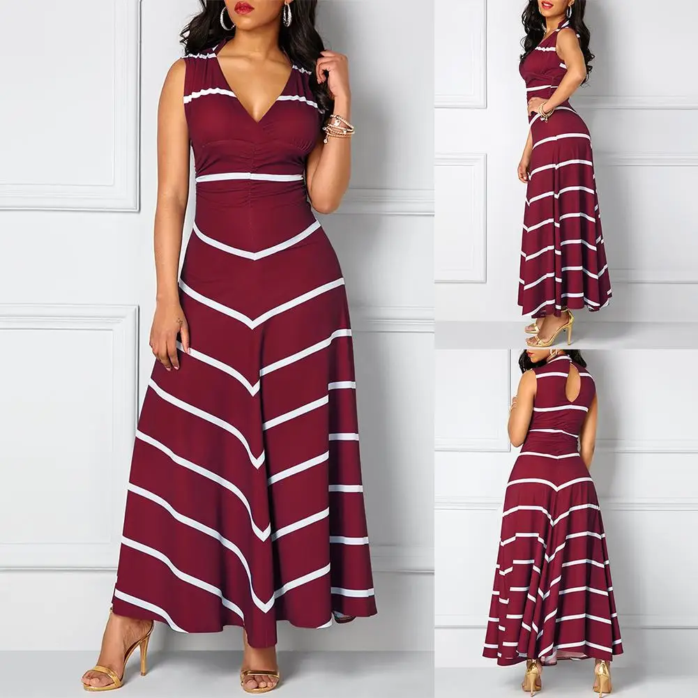 

Женское элегантное вечернее платье макси без рукавов в полоску с глубоким V-образным вырезом и широким подолом