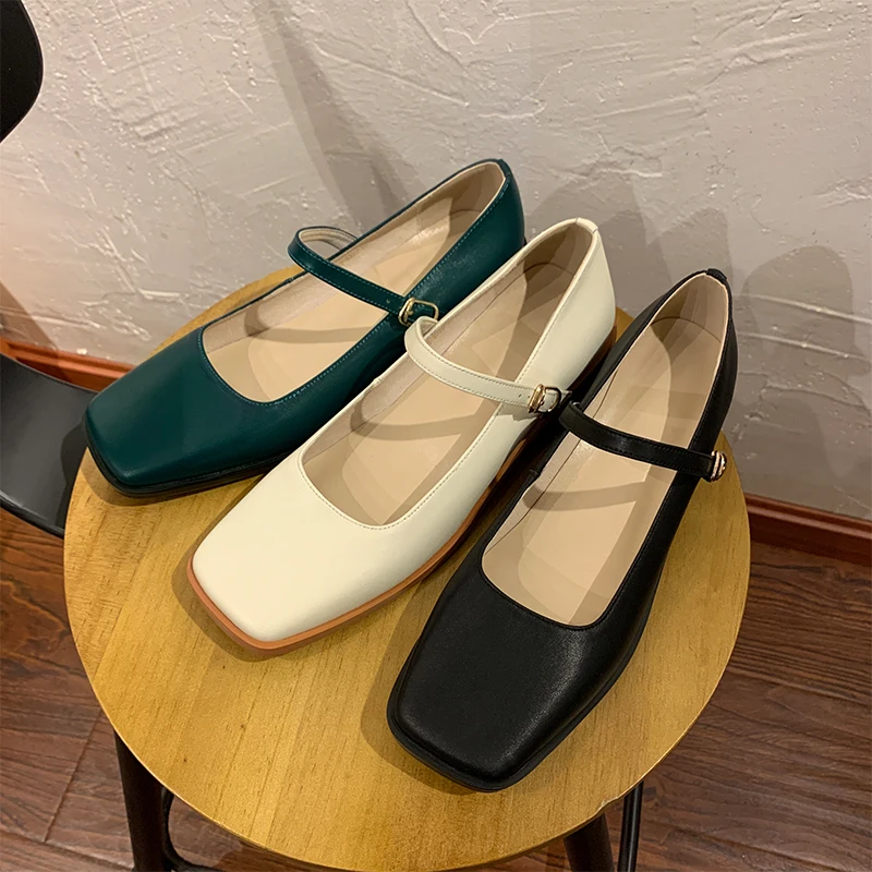 

ISNOM Genuine Leather Mary Janes Shoes Woman Square Toe Chunky Heels Pumps Vintage Dress Shoes Women Platform Pumps