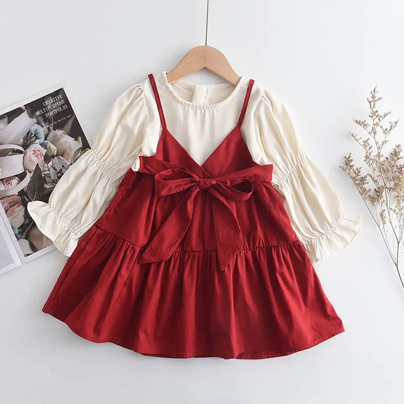 

Fashion Kid Girls Dress Children Suspender Stitching Skirt Princess Dress Baby Long Sleeve Cake Skirt Tide Children Dresses