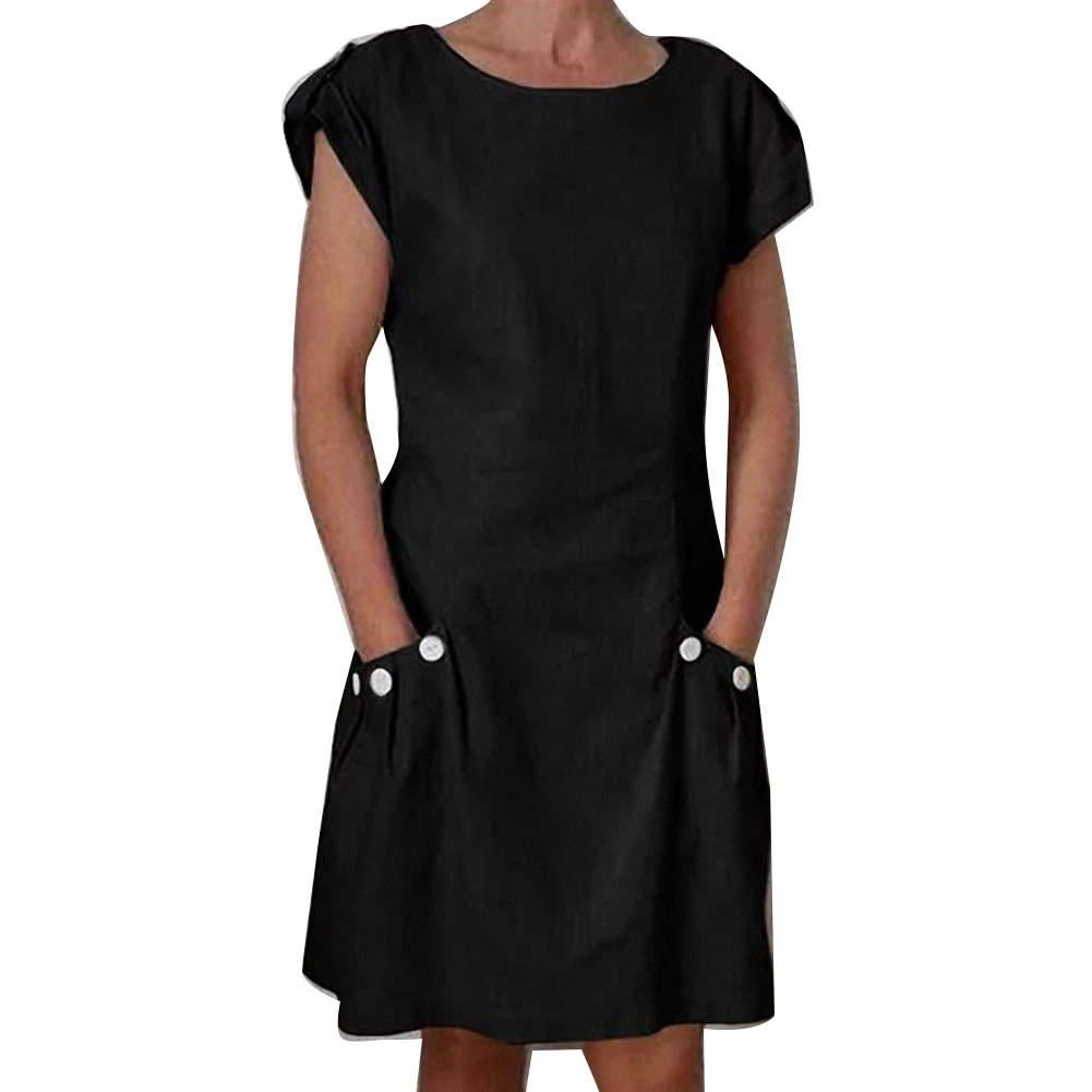 New Women Summer Casual Solid Color Round Neck Button Pockets Short Sleeve Midi Dress Cotton + Spandex Women's Size S-5XL | Женская