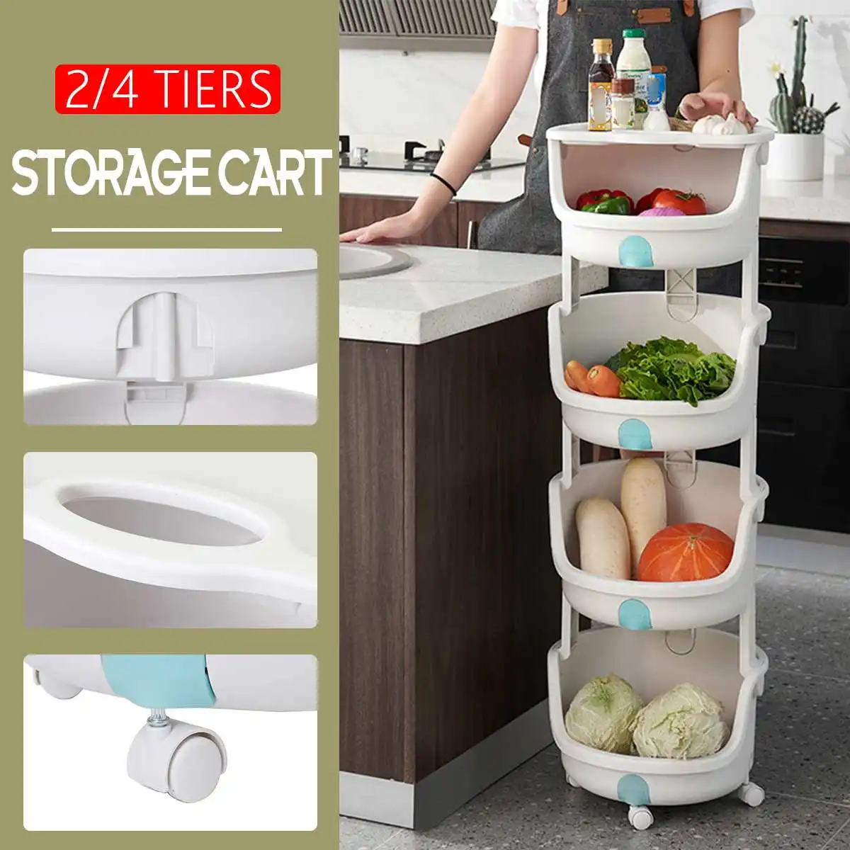 

2/4 Tiers Home Storage Basket Shelf Multifunction Storage Rack Holder Sundries Organizer Kitchen Vegetable Shelf With Wheels