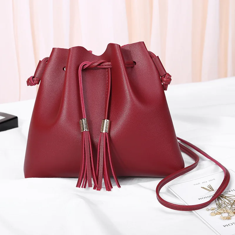 

Fashion String Bucket Bag For Women PU Leather Small Handbag Female Tassel Purse Shoulder Crossbody Bags sac main femme XA516H