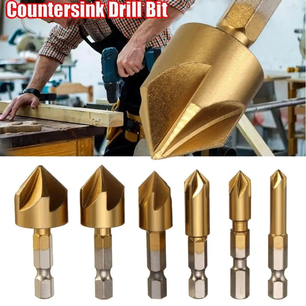

6pcs 5 Flutes HSS Countersink Chamfer Drill Bit 1/4" Hex Shank Titanium Coated Woodworking Core Dril Bit Power Tool Accessories